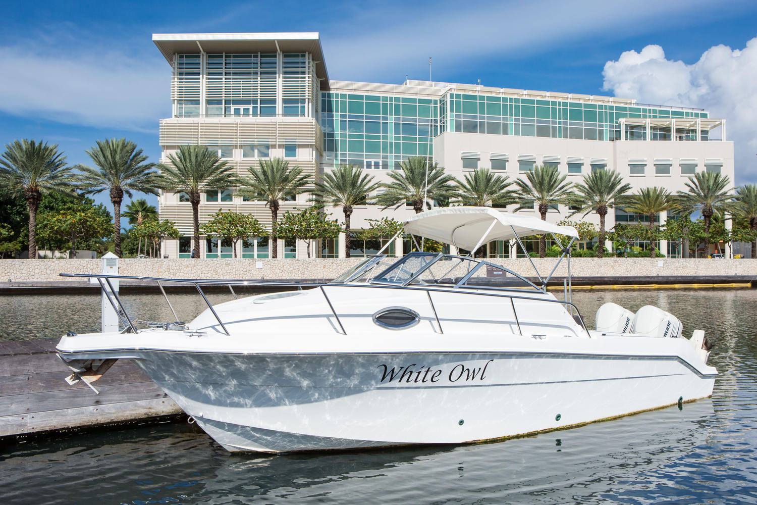 Boat docked in pier at Camana Bay in the Cayman Islands