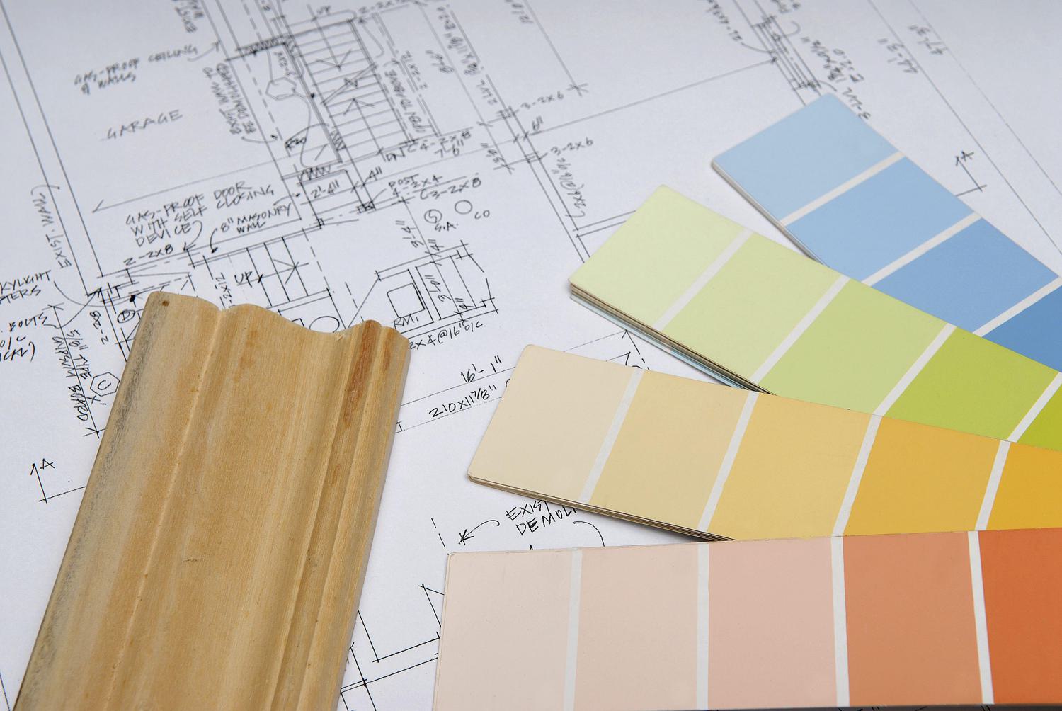 Home renovations with plans paint and wood sample