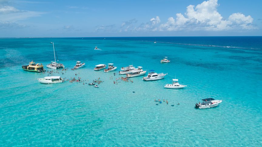 Aerial view of boats docked at stingray city