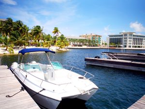 Boat docked in Camana Bay in the Cayman Islands
