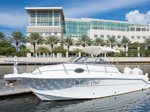 Boat docked in pier at Camana Bay in the Cayman Islands