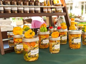 Locally made pickled peppers at the farmers market