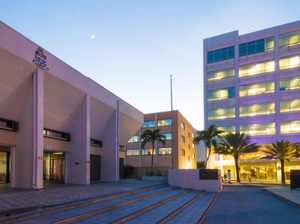 Office buildings in Cayman during a sunset