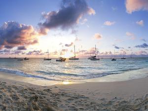 Panoramic shot of boats anchored offshore in the Cayman Islands
