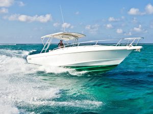 Speed boat cruising in the Cayman Islands