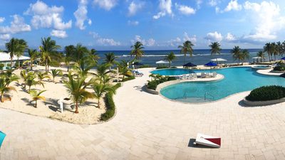 Aerial view of pool and ocean at brac reef resort