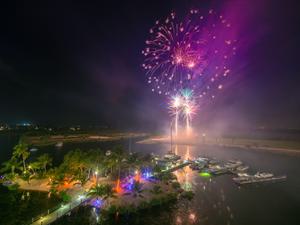 Fireworks at night over camana bay