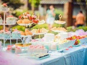 Long catered table of food