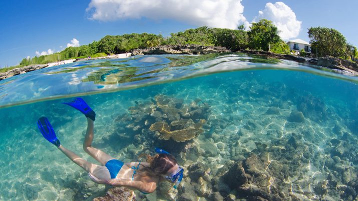Over under photo of snorkeler in blue at smith cove