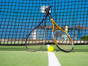 Two tennis racquets leaned up against a net with a ball