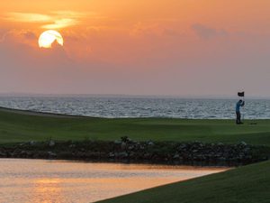 Waterfront hole at sunset at the north sound golf club